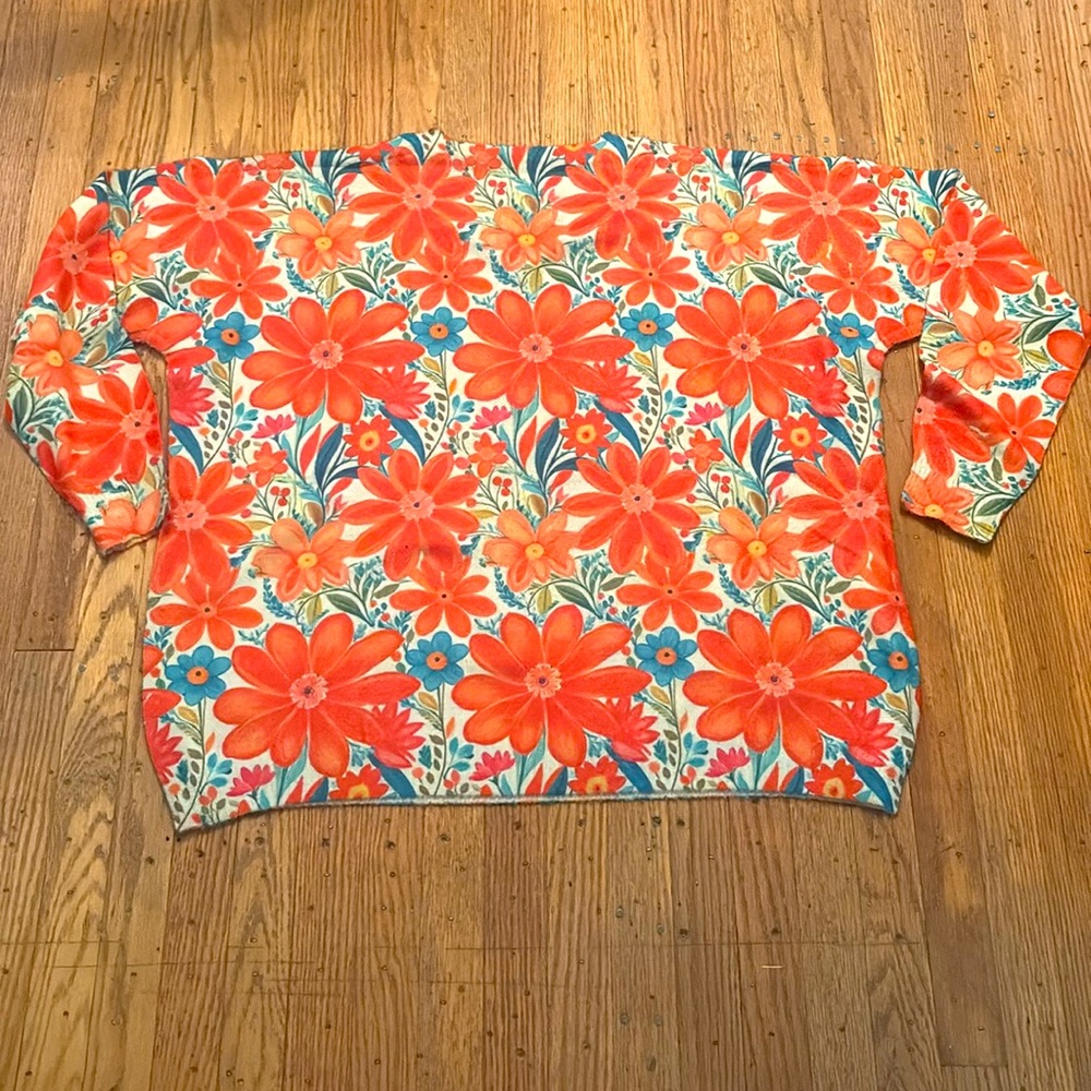 Floral Medium Weight Pullover Top V Neck 3/4 Sleeves Orange Blue Cream 4XL - Picture 3 of 8